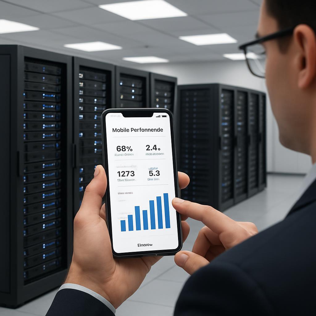 A man in a suit, likely a businessman or IT professional, stands in front of rows of servers in a data center, holding a s...