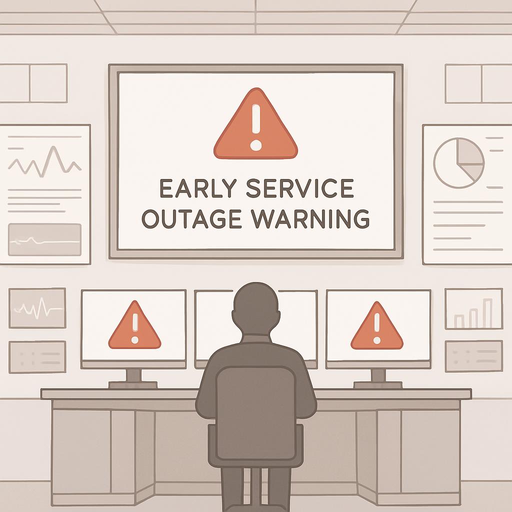 A man sitting at a desk in an office environment, with multiple computer screens displaying warning signs for an early ser...